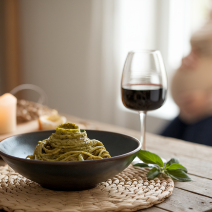 pates-pesto-table-bois-femme-enceinte