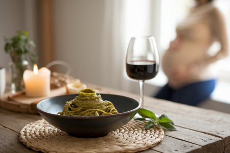 pates-pesto-table-bois-femme-enceinte