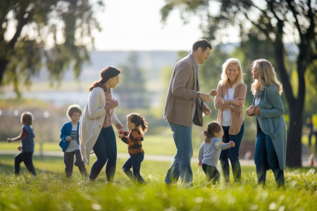 parents-discutant-enfants-parc-ensoleille