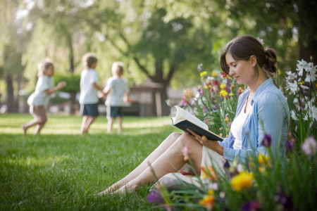 mere-lecture-parc-fleurs-enfants